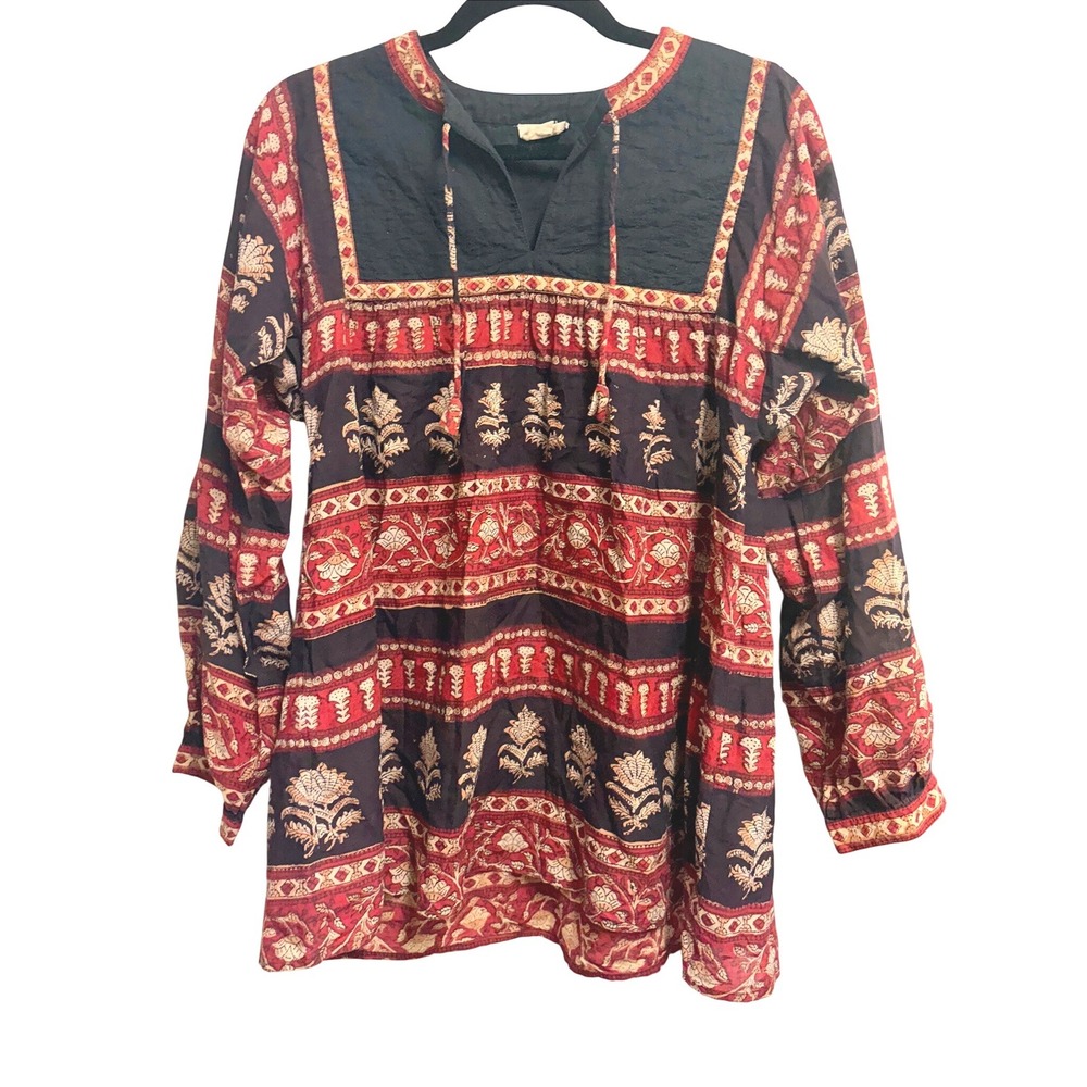 Anokhi Cusco Cotton Block Print Boho Red Black Quilted Bib Tunic Top L